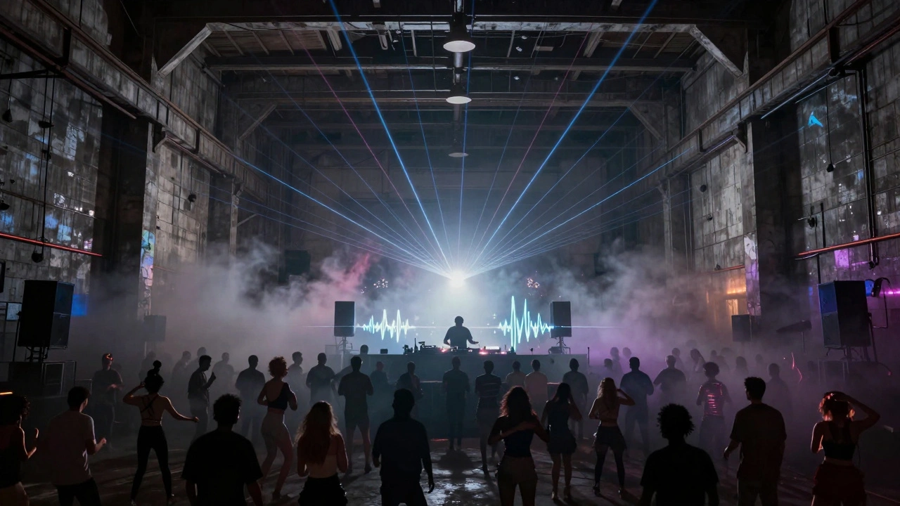 Cavernous warehouse rave at Printworks with fog, lasers, and a DJ controlling the crowd’s energy.