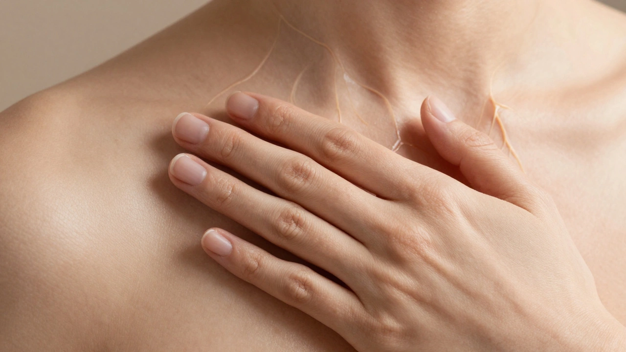 Close-up of hands gliding with oil over skin, showing subtle golden trails symbolizing lymphatic flow.