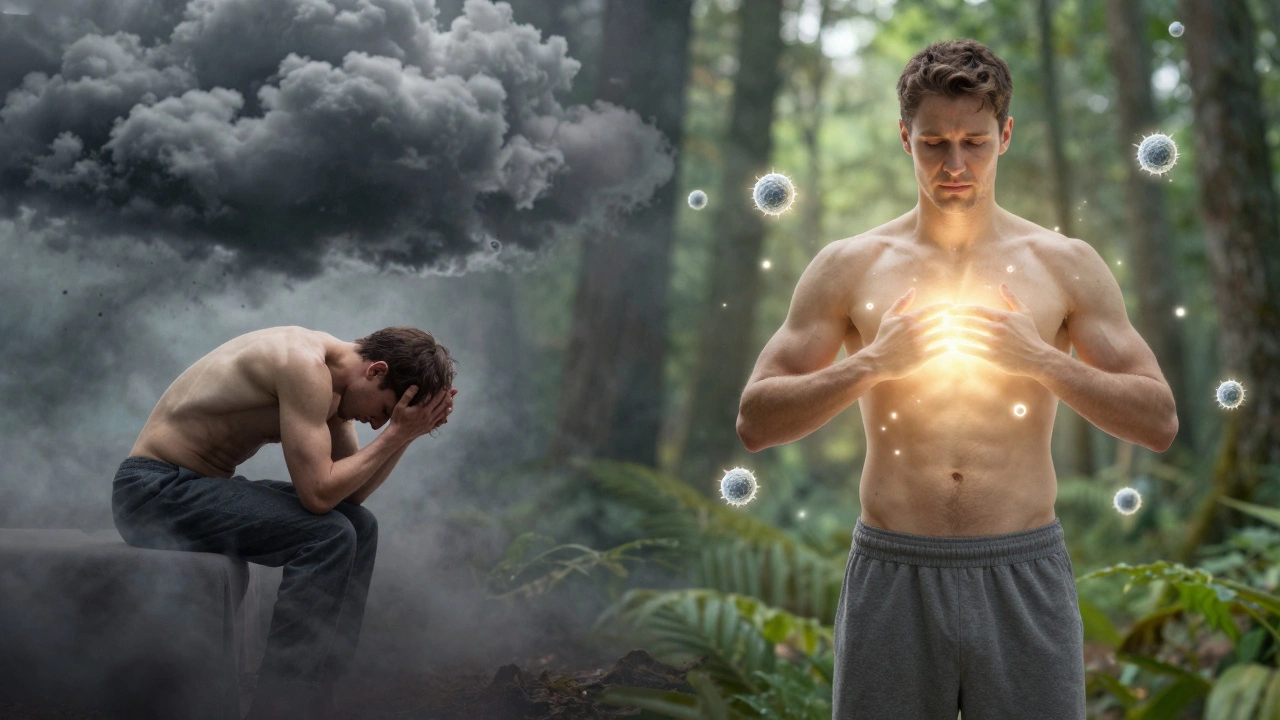 Contrasting images of stress versus vitality after massage, with glowing white blood cells and peaceful light.