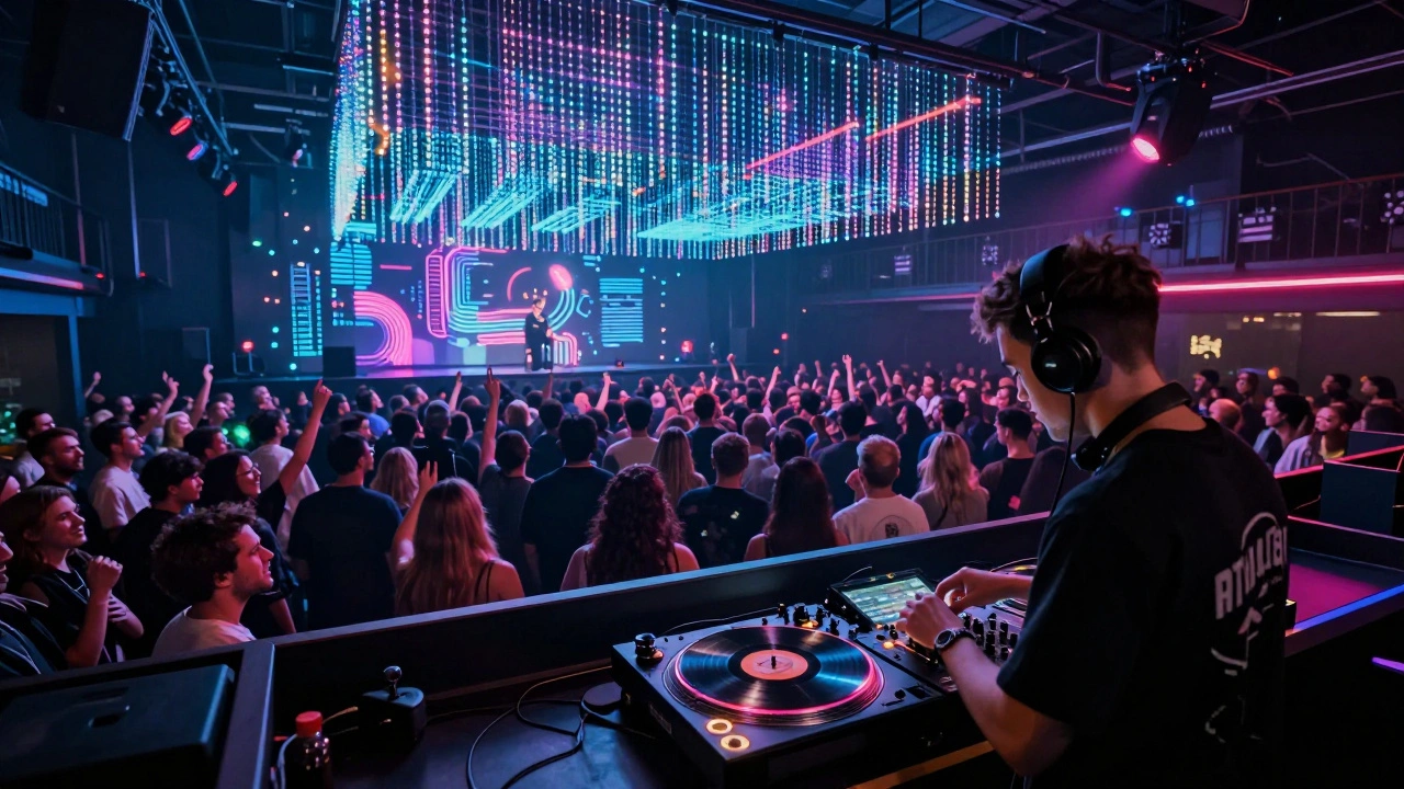 Een enorme menigte in Printworks, London, onder een lichtshow van LED's, met een DJ die oude en moderne beats combineert.