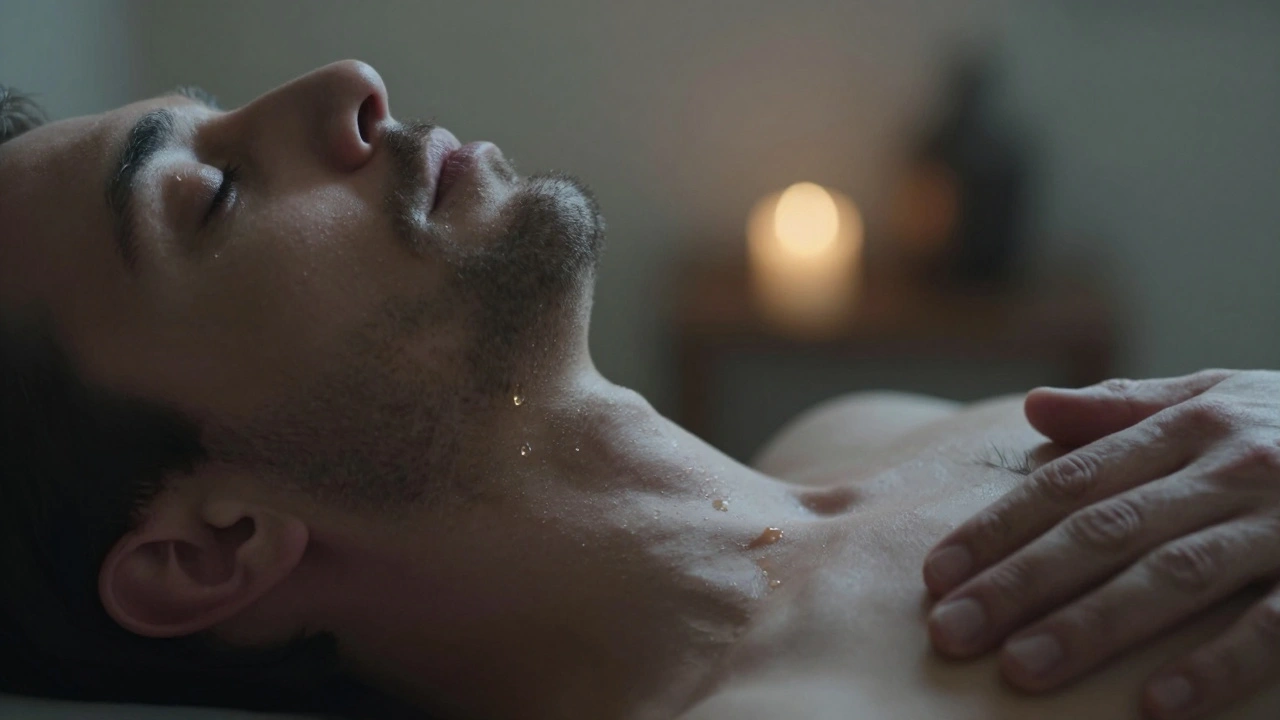 Een man in diepe ontspanning, met een druppel bergamotolie op zijn hals en tranen op zijn wangen.