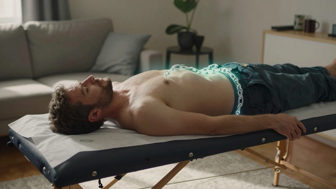 Een man ligt ontspannen na een massage, een lichtglow om zijn schouders en heupen als symbolische bevrijding van jarenlange spanning.