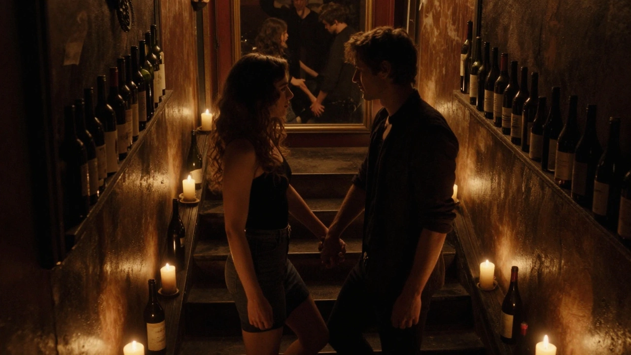 Een paar die een trap opgaan in het halflicht, haar hand vast om zijn pols, oude flessen langs de muur.