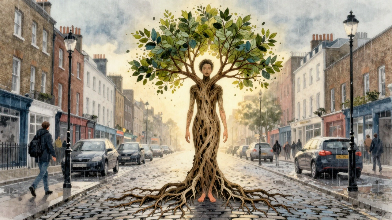 Een persoon staat als een boom met wortels in de straat, rustig en verbonden met de aarde, terwijl de stad om hen heen leeft.