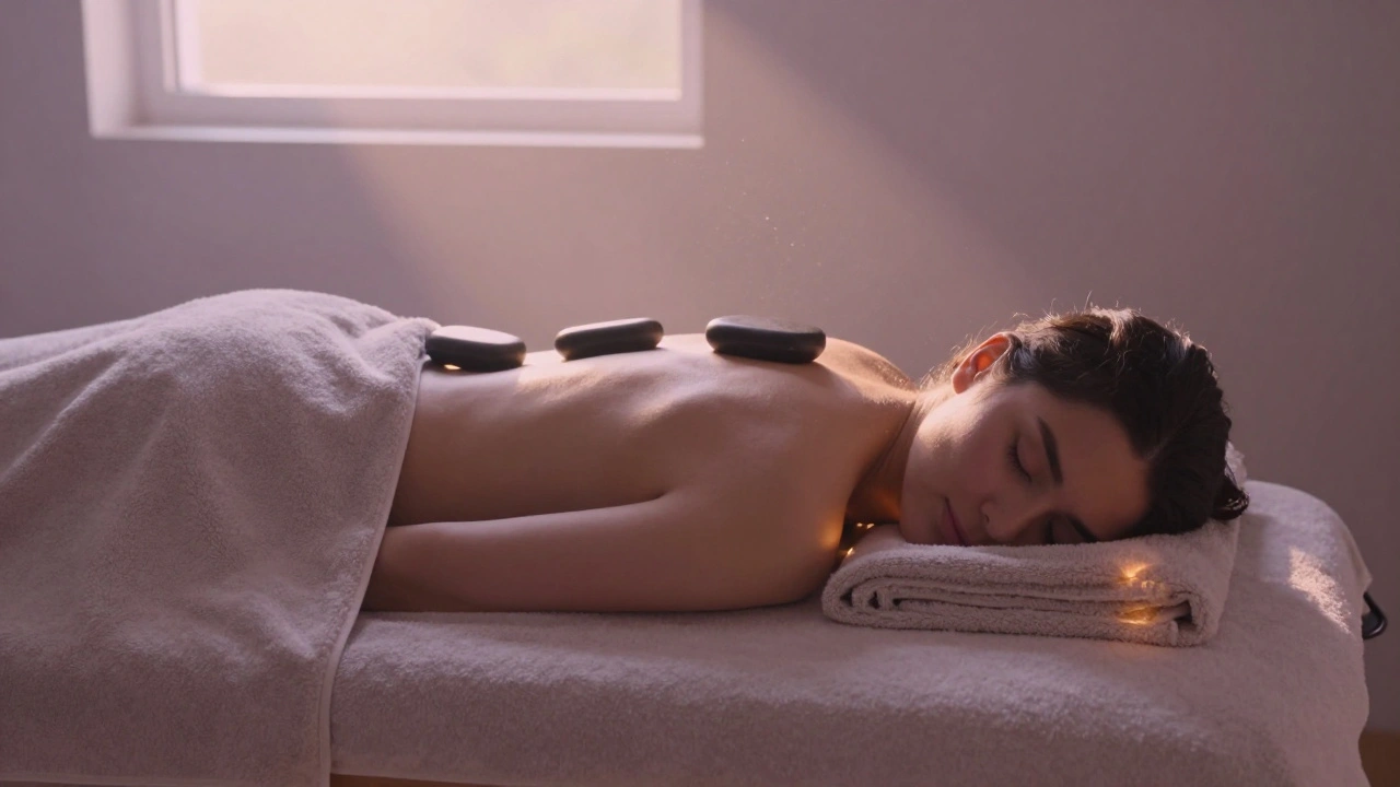 Een persoon volledig ontspannen op een massagetafel, bedekt met handdoeken en warme stenen.