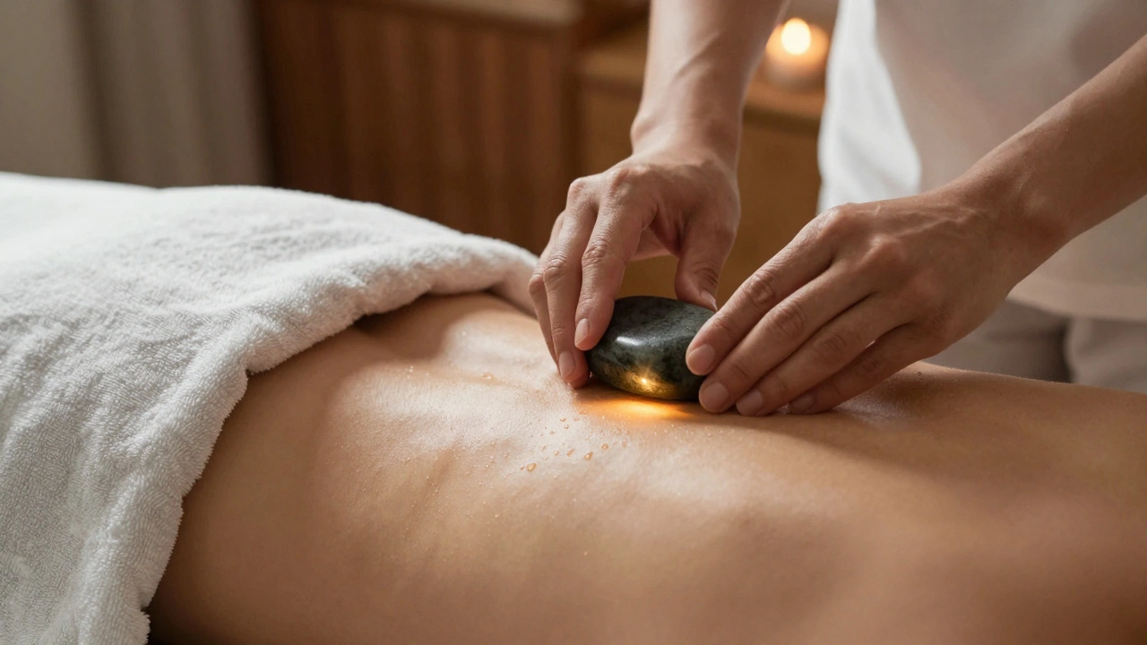 Een therapeut legt een warme steen zacht op de onderrug van een persoon.
