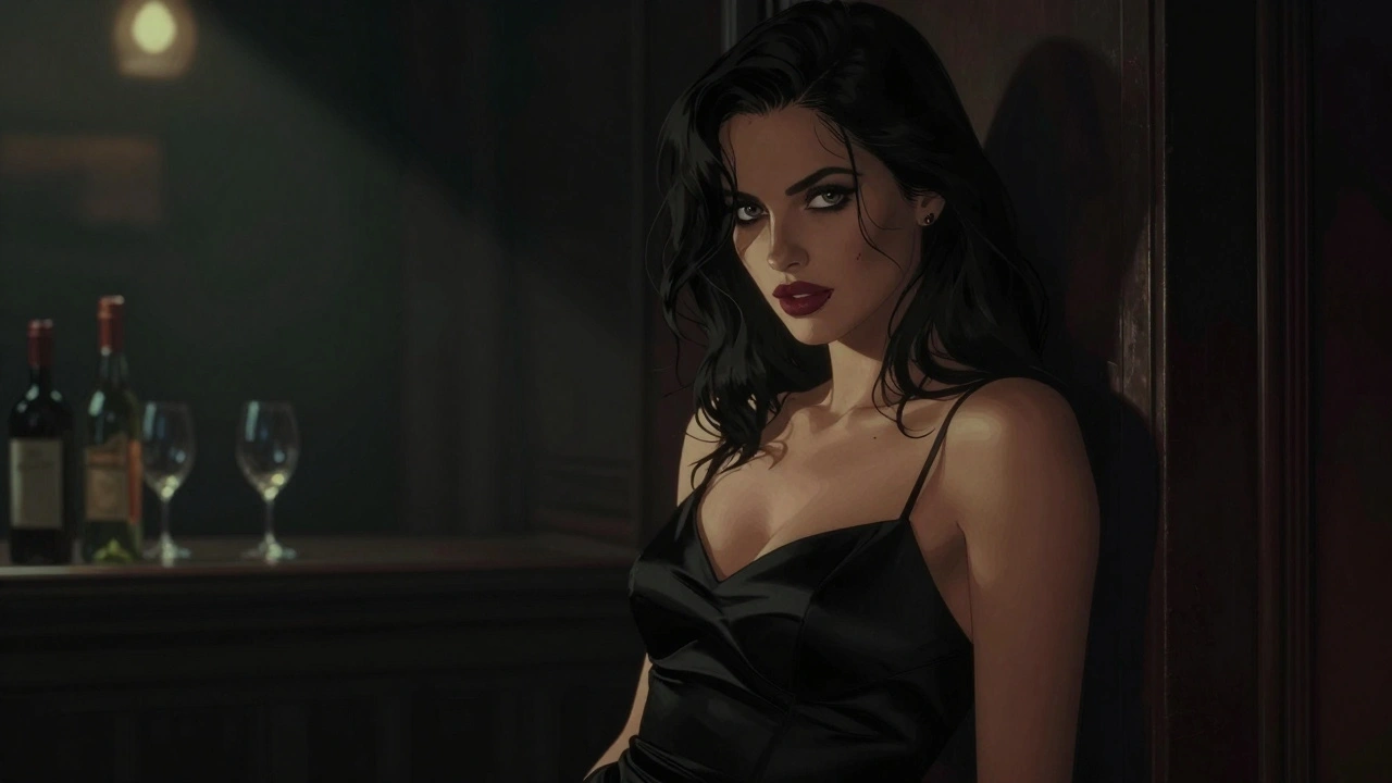 Een vrouw in een zwarte jurk met donkere ogen en een litteken aan haar mond, in een donkere nachtclub.