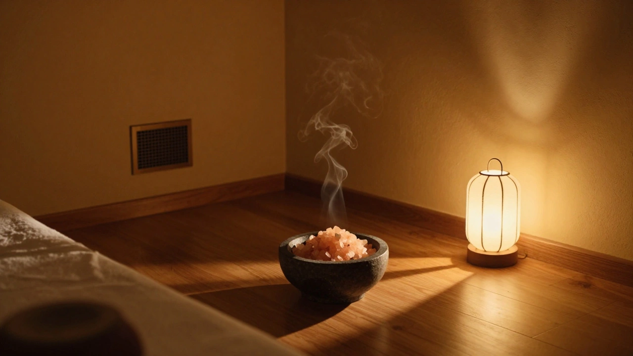 Een warme Thai-massageruimte met houten vloer, roze zout, rook en een langzaam brandende lantaarn.