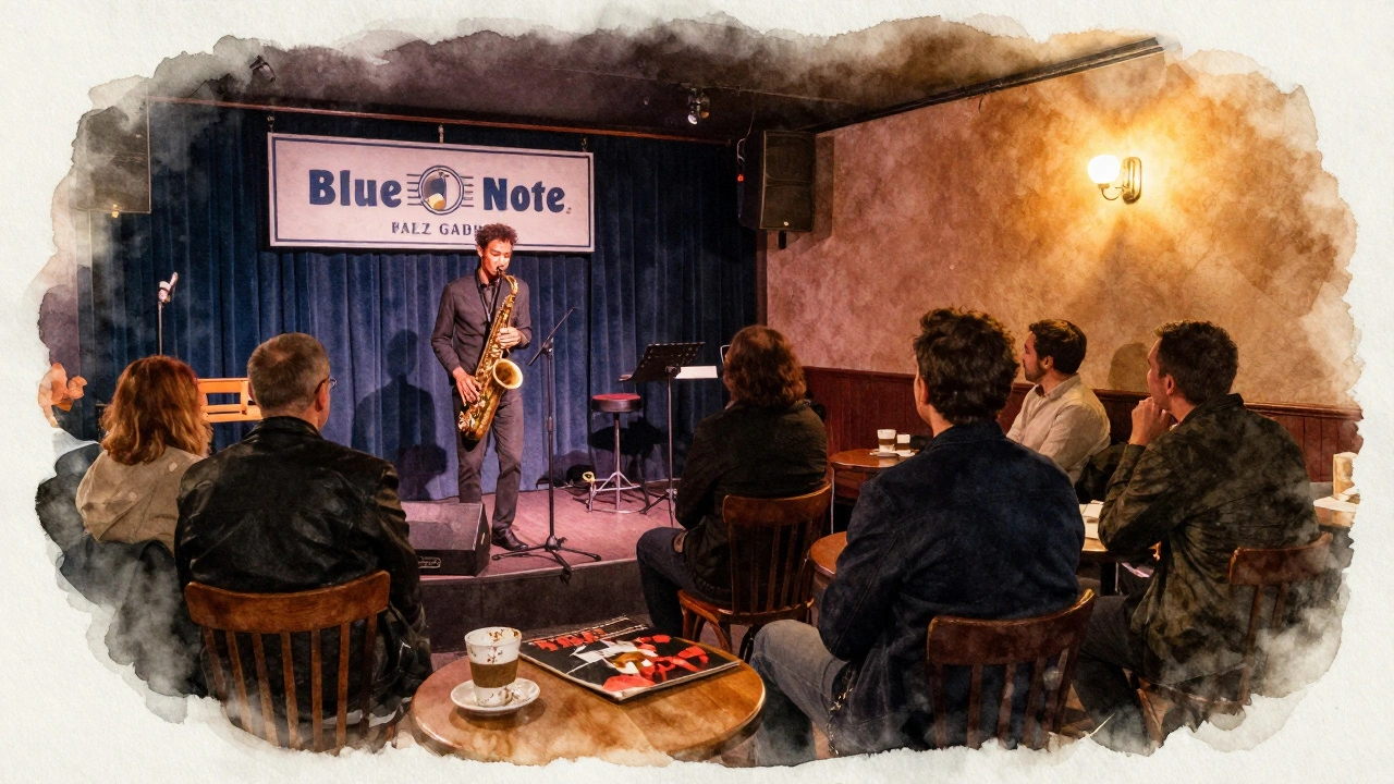 Intimate jazz club at night with a saxophonist playing to a small, attentive audience.