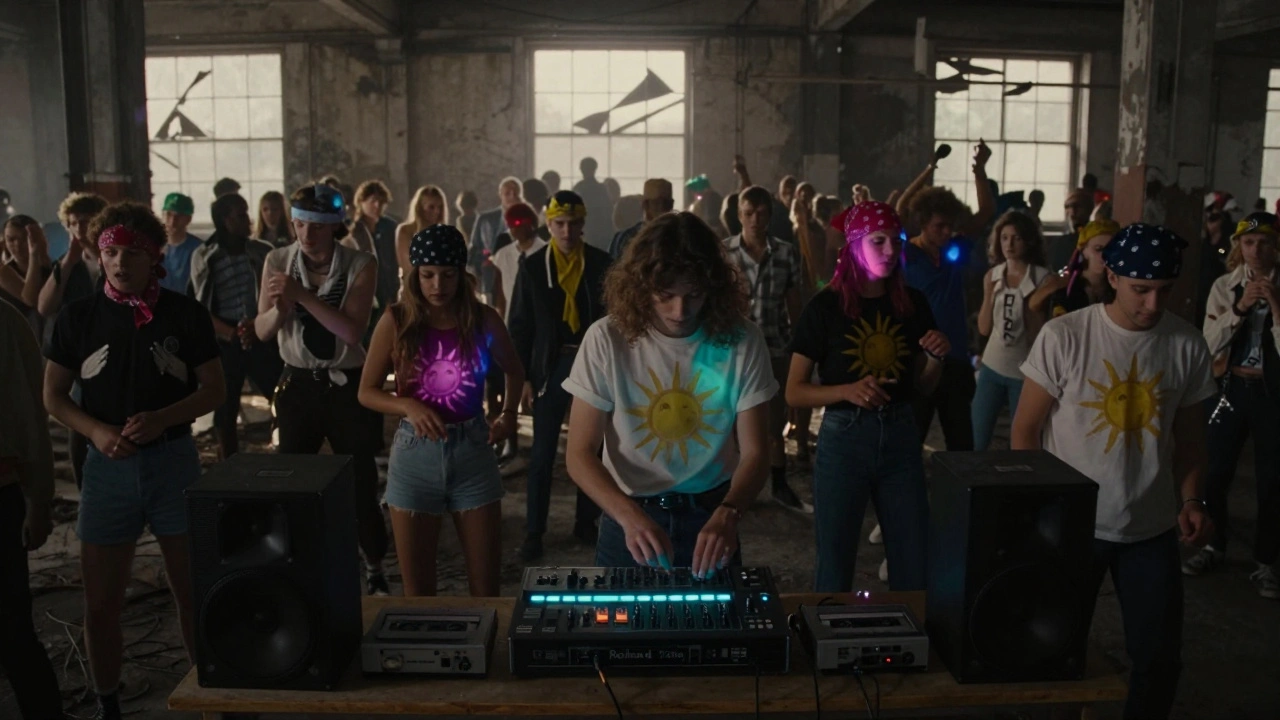 Jongeren dansen in een verlaten loods tijdens een 1980s rave, met strobo-lichten en acid house-apparatuur.