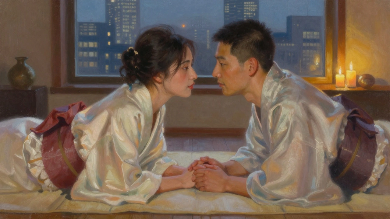 Koppel ligt naast elkaar, handen vasthoudend in spa