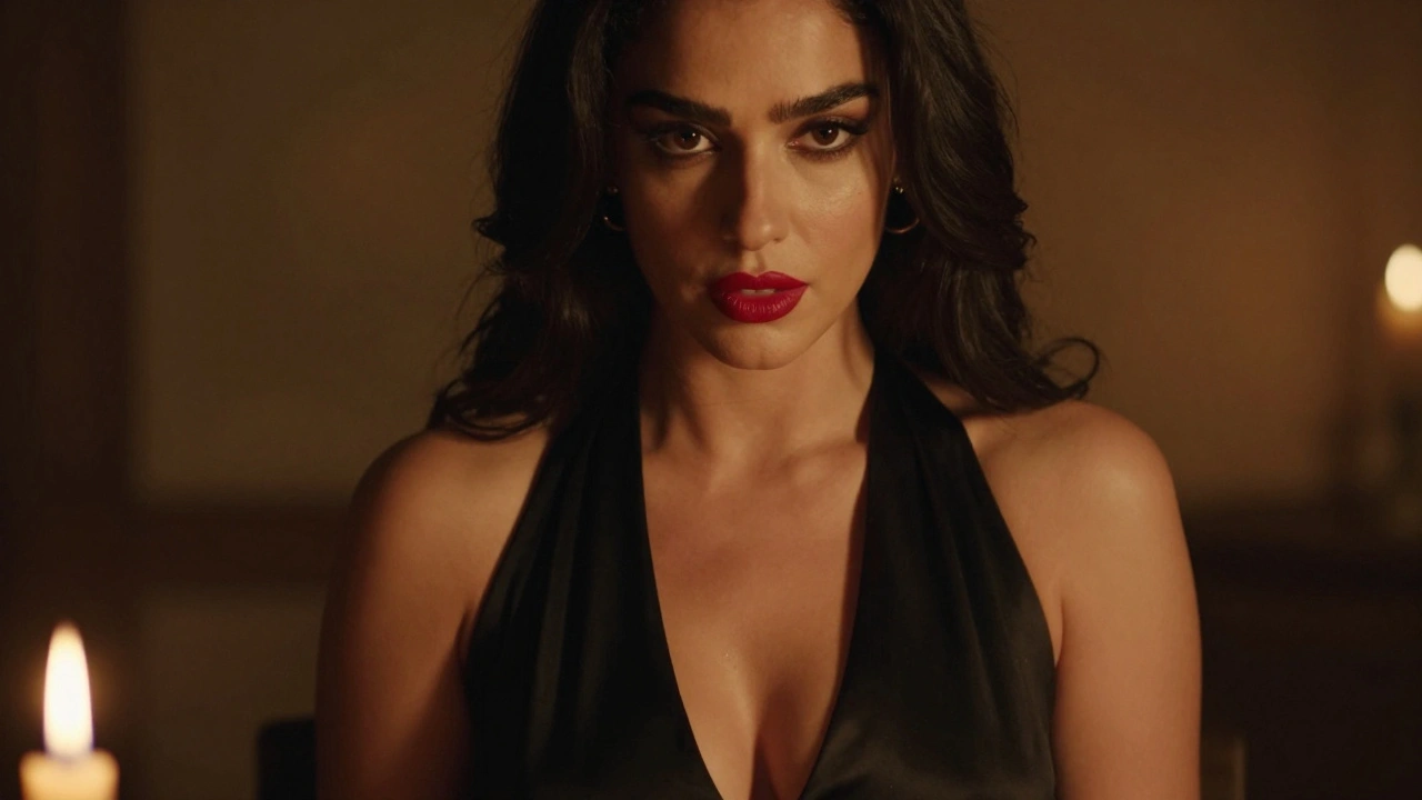 Leyla met kaarslicht op haar gezicht, zwarte jurk, intense blik in een donkere kamer.