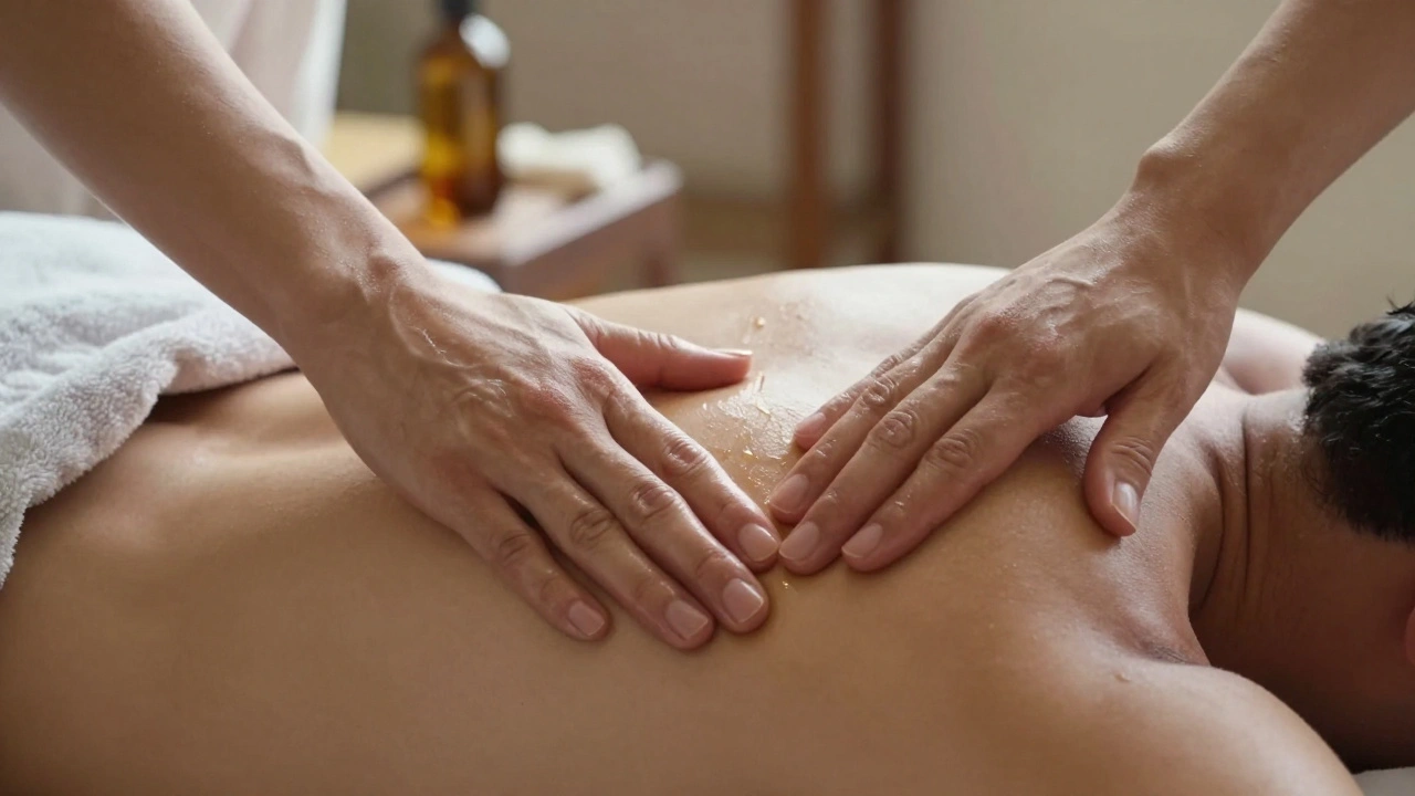 Nauwe opname van handen tijdens een massage: sterk, zacht en flowend, olie glinstert op de huid van de schouder, geen gezicht, alleen lichaamstaal.