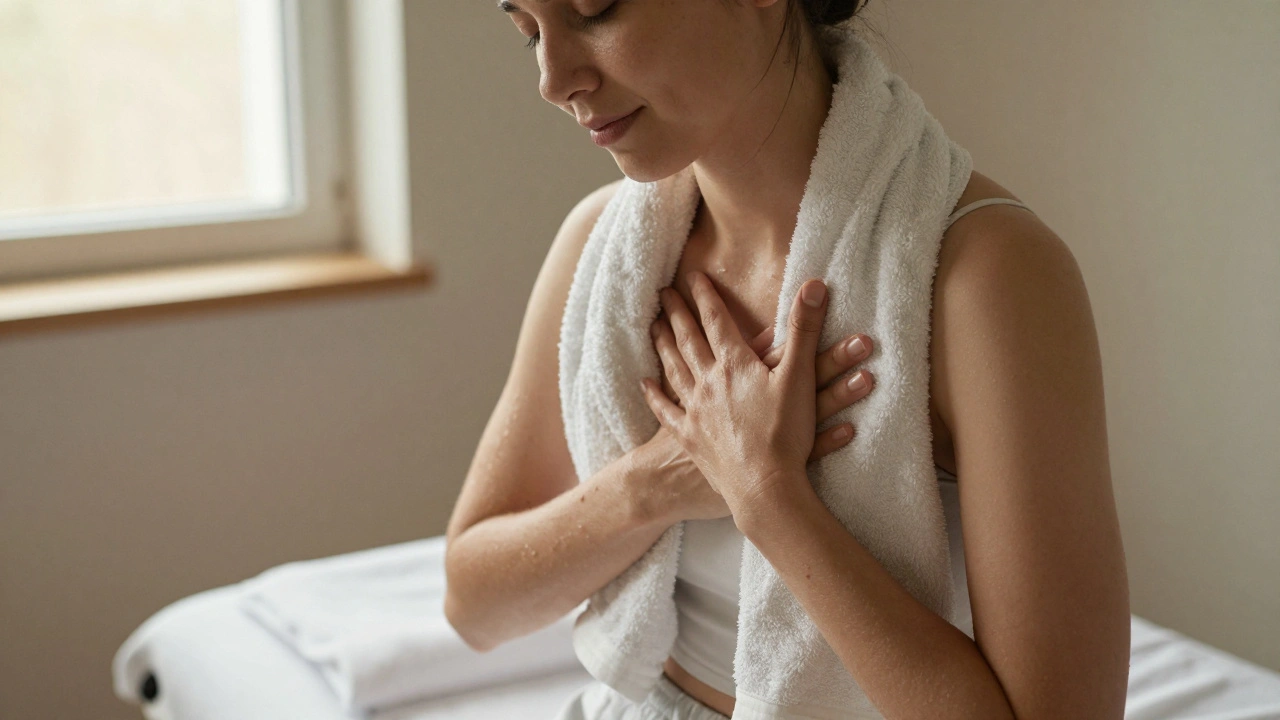 Persoon na een deep tissue massage, met gesloten ogen en een rustige uitdrukking, omringd door zacht licht.