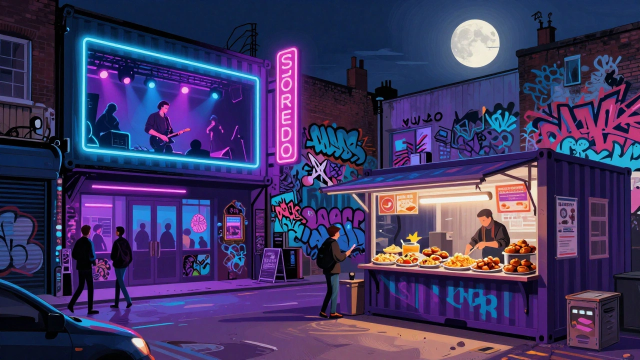 Street art en nachtelijke markt in Shoreditch met elektronische muziek