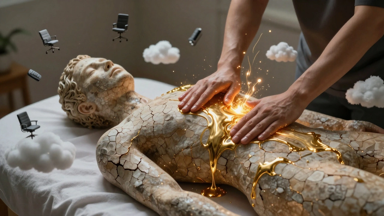 Symbolische afbeelding van gespannen weefsels die zich oplossen in goudkleurige lichtstromen tijdens een deep tissue massage.