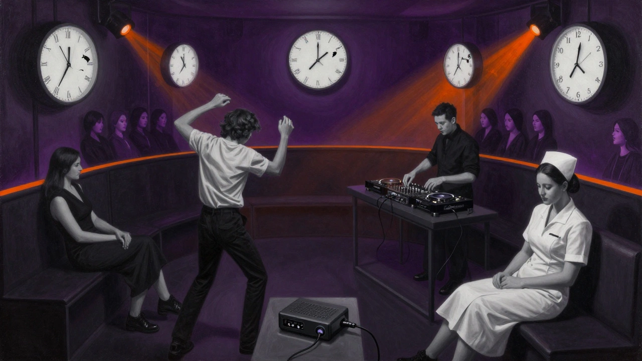 A circular vision of diverse people in a 24-hour club, surrounded by broken clocks, representing timelessness and ritual.