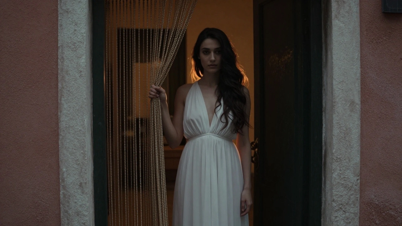 A woman in a white dress beside a hidden door with bead curtain, glowing softly, her eyes locking onto the viewer.