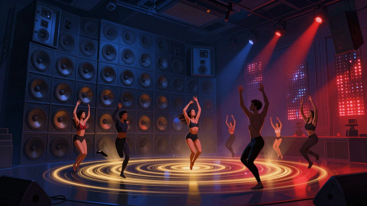 Binnen in de club: geluidsgolven dansen door de lucht terwijl dansers volledig opgaan in de muziek.