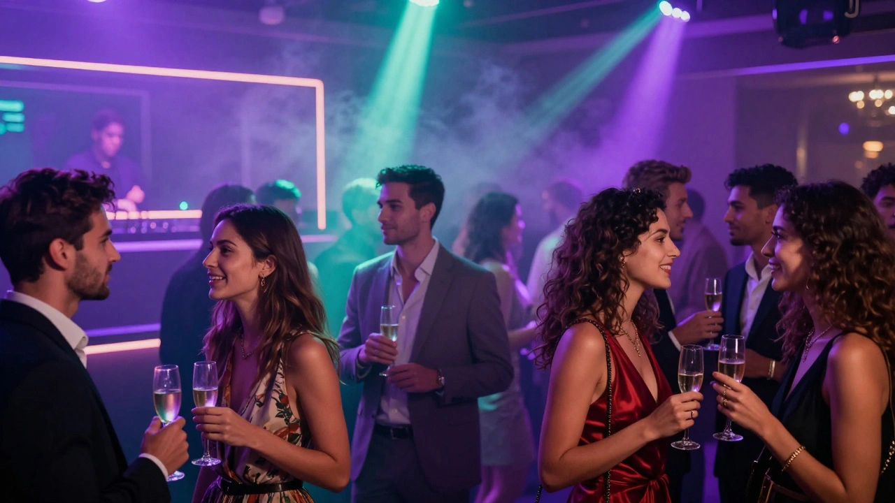 Chique menigte in een nachtclub met champagne en neonverlichting.