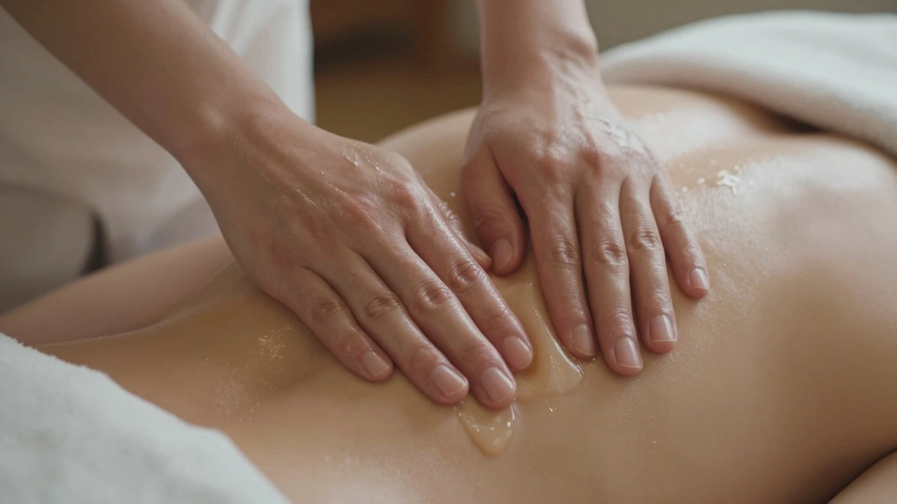 Close-up van zachte massagebewegingen op de schouders, met glinsterende olie en ontspannen spieren.