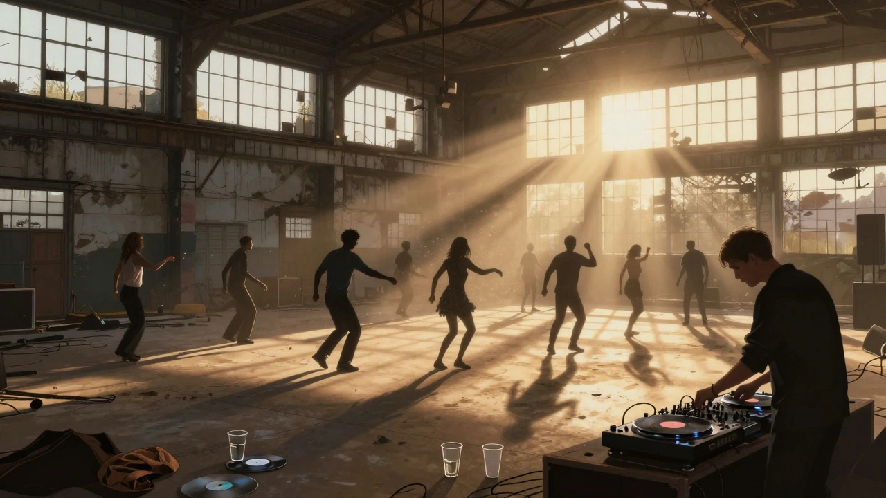 Dawn light streaming through the windows of Printworks as dancers still move on the floor, industrial warehouse setting.