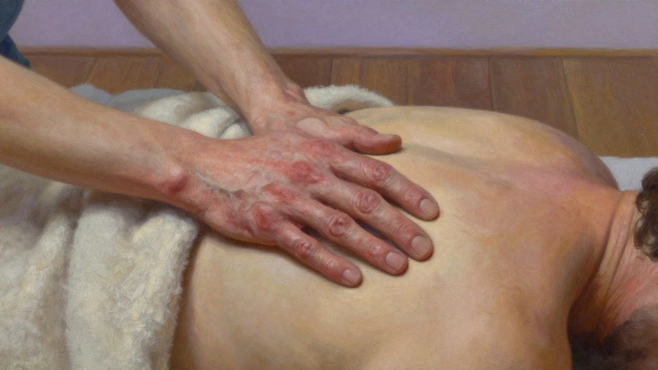 De handen van een therapeut met littekens, zacht op een schouder rustend, onder een deken in een rustige kamer.