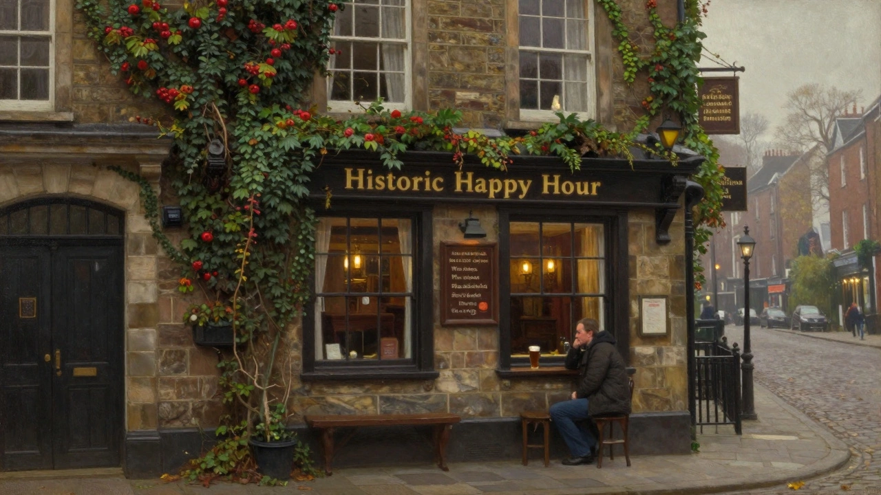 Een oude Londense pub in Highgate met een pint bier aan een venster, in een rustige herfstavond.