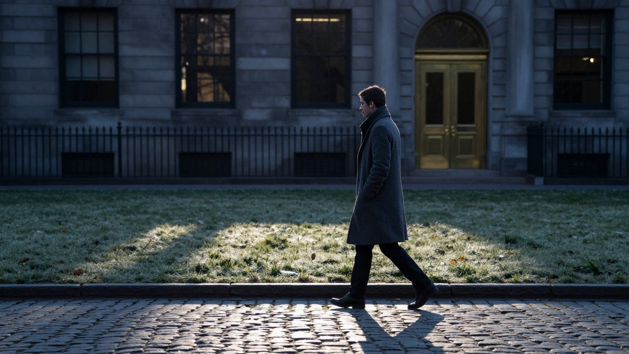 Een persoon loopt langs Hyde Park bij zonsopgang, zonder telefoon of foto’s, in een moment van stille afsluiting van een nacht in Mayfair.