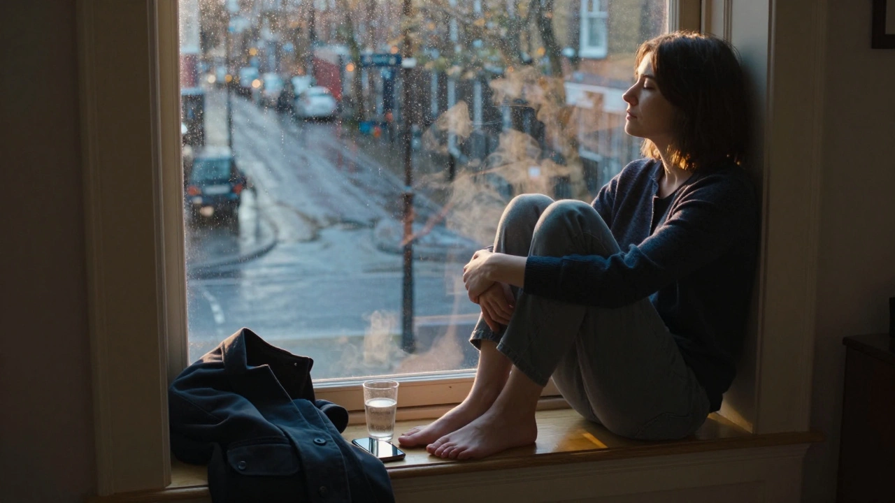 Een persoon na een massage, blootsvoets aan een raam, met een glas water en de telefoon buiten de deur.