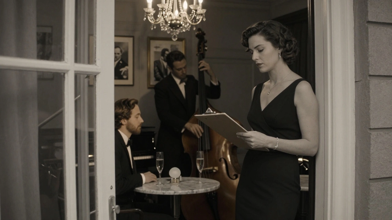 Een vrouw controleert een gast bij een geheime club in Dover Street, terwijl een jazztrio speelt achter haar in een luxe interieur.