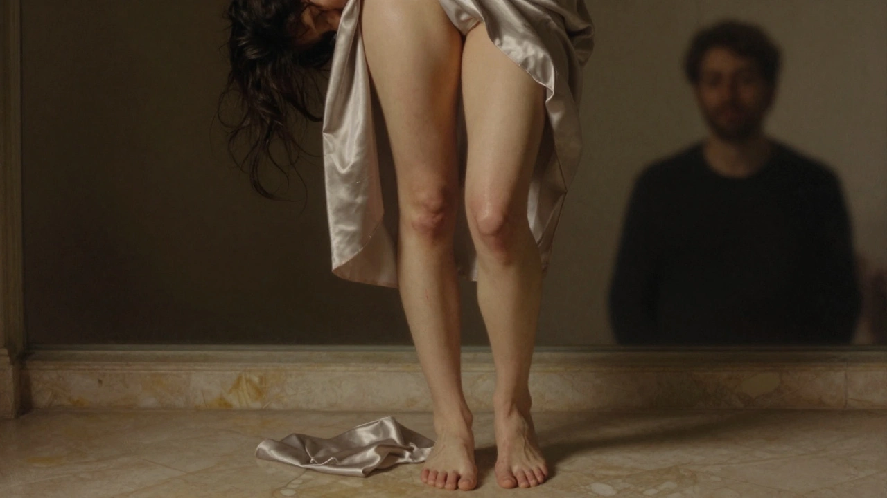 Een vrouw met een sluierende zijden robe, haar huid gloedend in het zachte licht, haar haar los en donker.