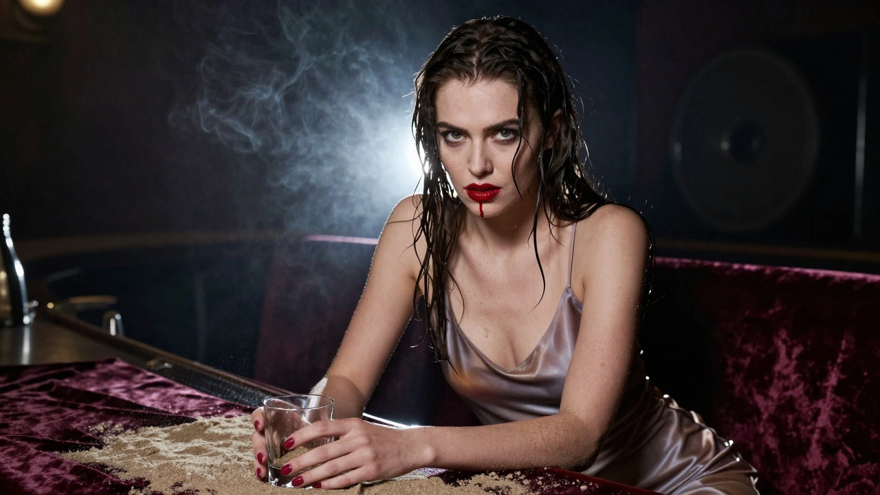 Een vrouw met natte zandkleurig haar en rode lippen, zittend aan een bar in een duister, intiem interieur.