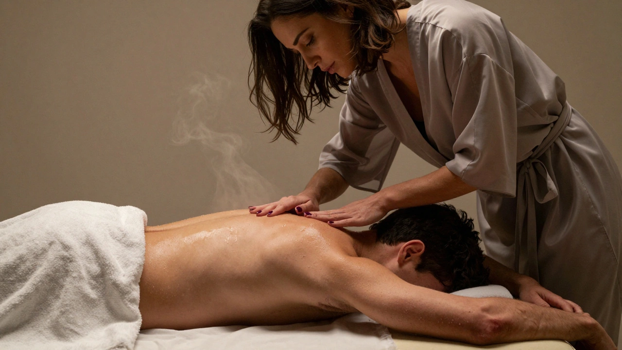 Een vrouw verspreidt warme olie over de rug van een man terwijl hij zich ontspant.