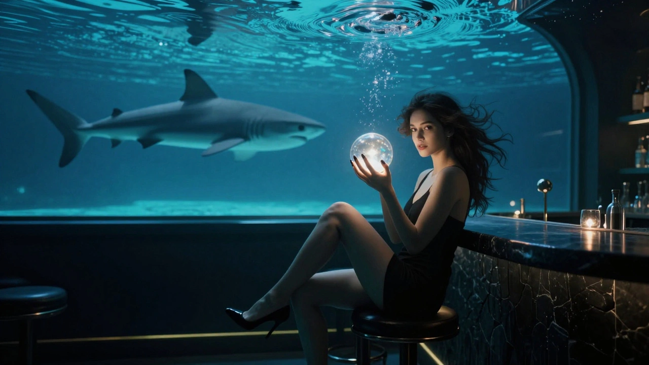 Een vrouw zit in een onderwaterbar, met haaien voorbij zwemmend en een gloeiende glazen beker in haar hand.