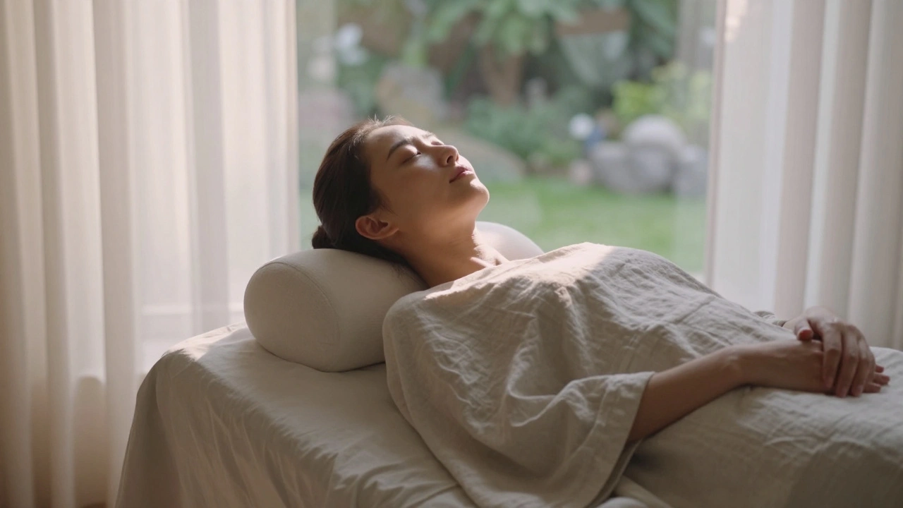 Iemand na een massage, rustig opzetend, gehuld in een deken, met zonlicht op het gezicht.