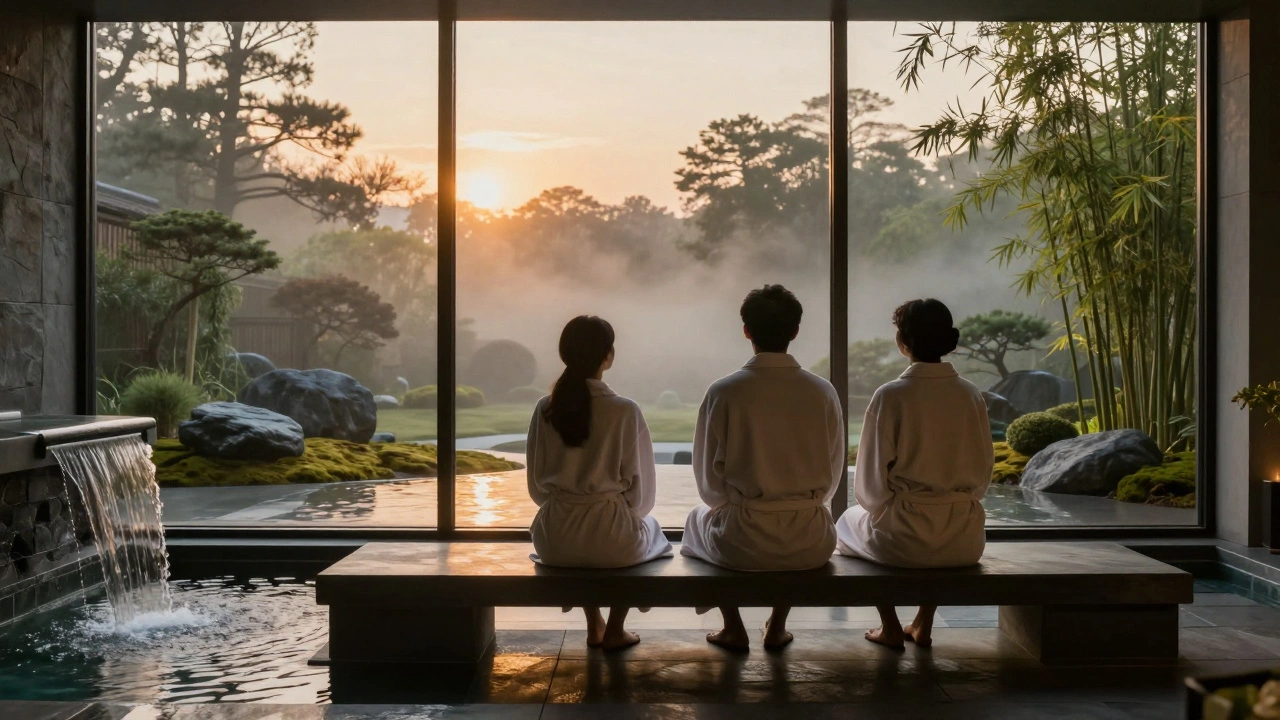 Koppel rustend aan fontein in zen tuin