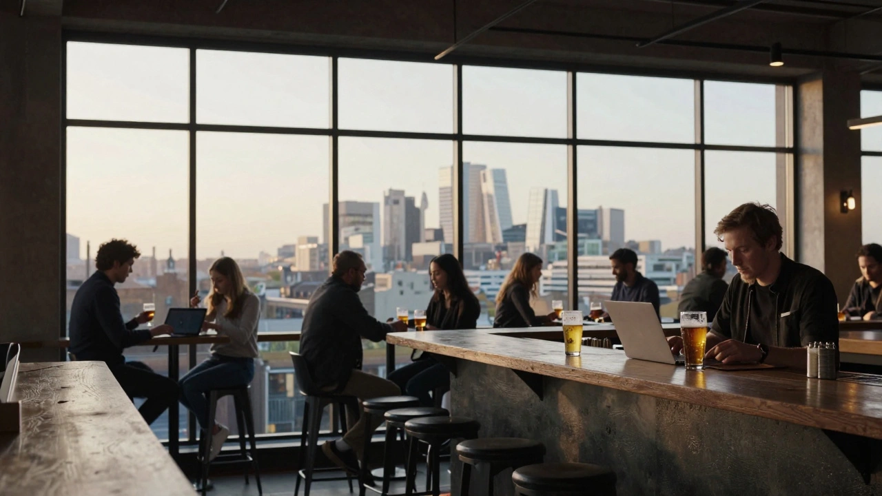 Mensen werken en drinken in een modern bar op het derde verdiep van een gebouw in Peckham, met uitzicht op Londen.