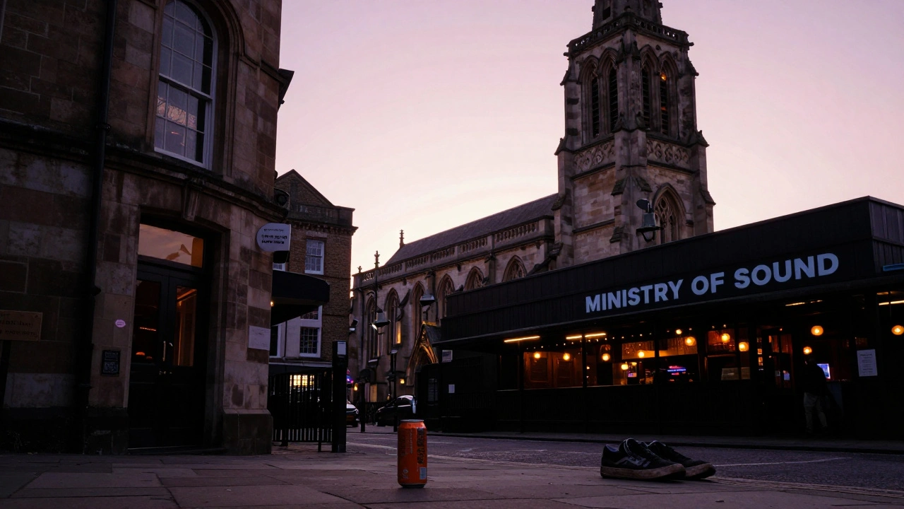 Ministry of Sound at dawn, nestled between church and market, with lingering basslines in the air.