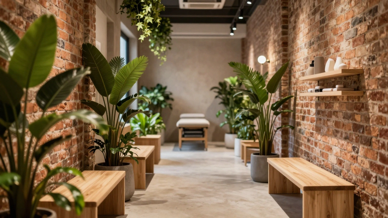 Modern interieur van een wellness studio met bakstenen muren