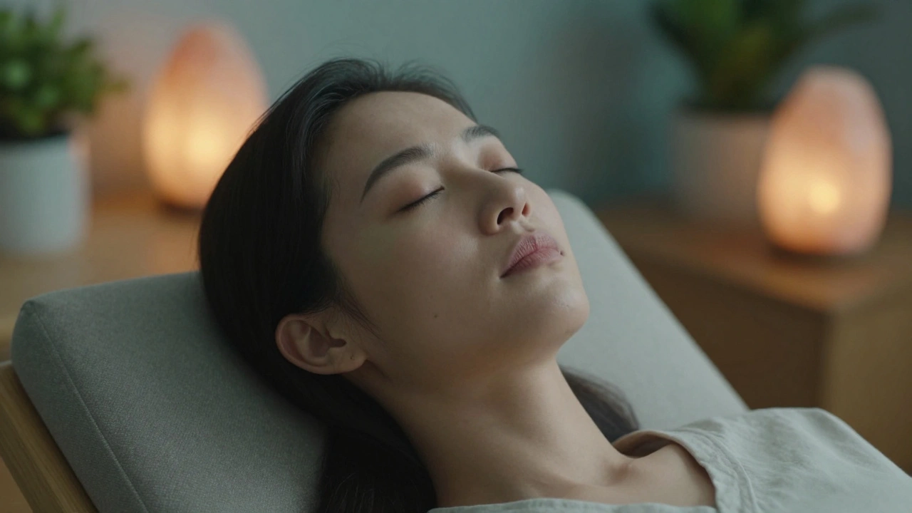 Rustig portret van iemand in diepe ontspanning en kalmte.