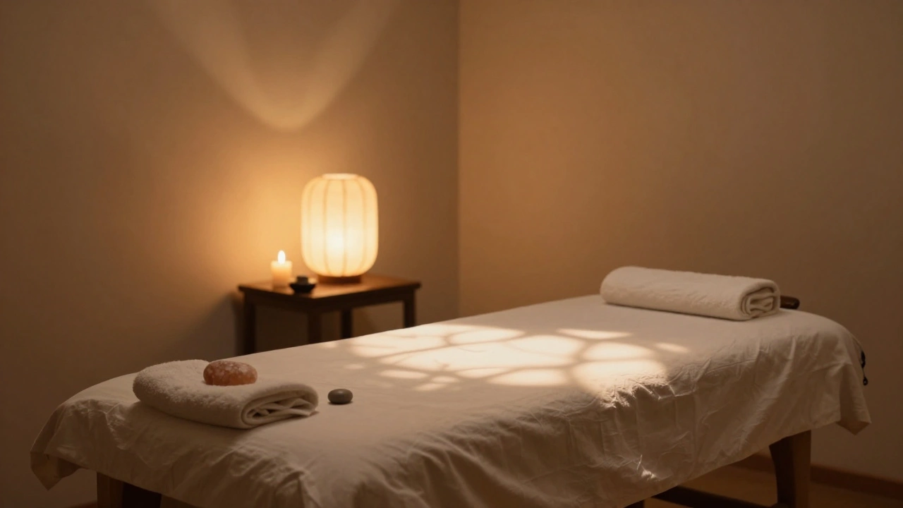 Rustige massagekamer met zacht licht, zijden lantaarn, kaarsen en linnen dekens, sfeer van stiller en warmte.