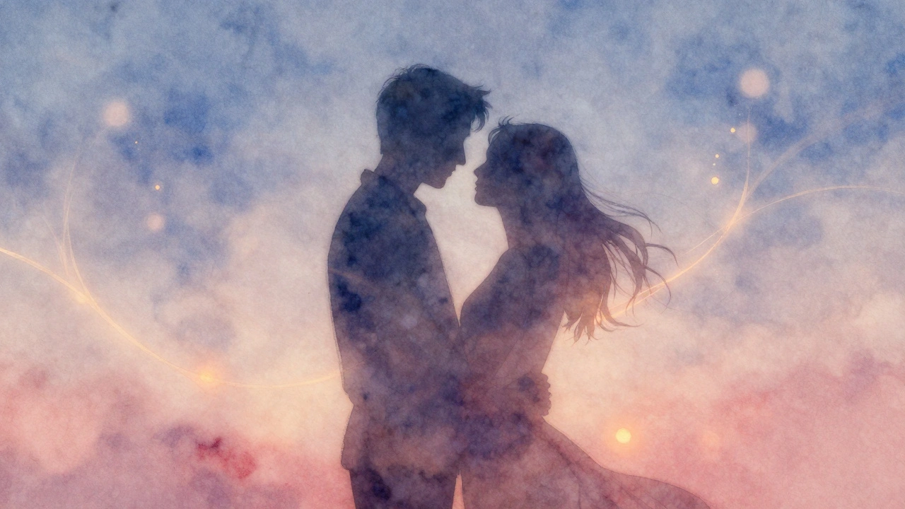 Silhouetten van verbonden paren bij zonsondergang