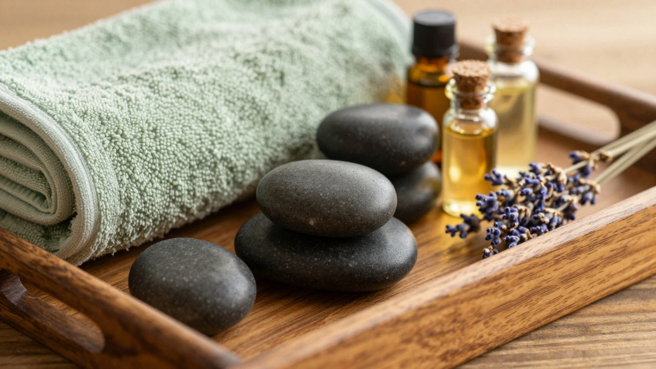 Stille compositie van wellnessproducten zoals stenen en oliën.