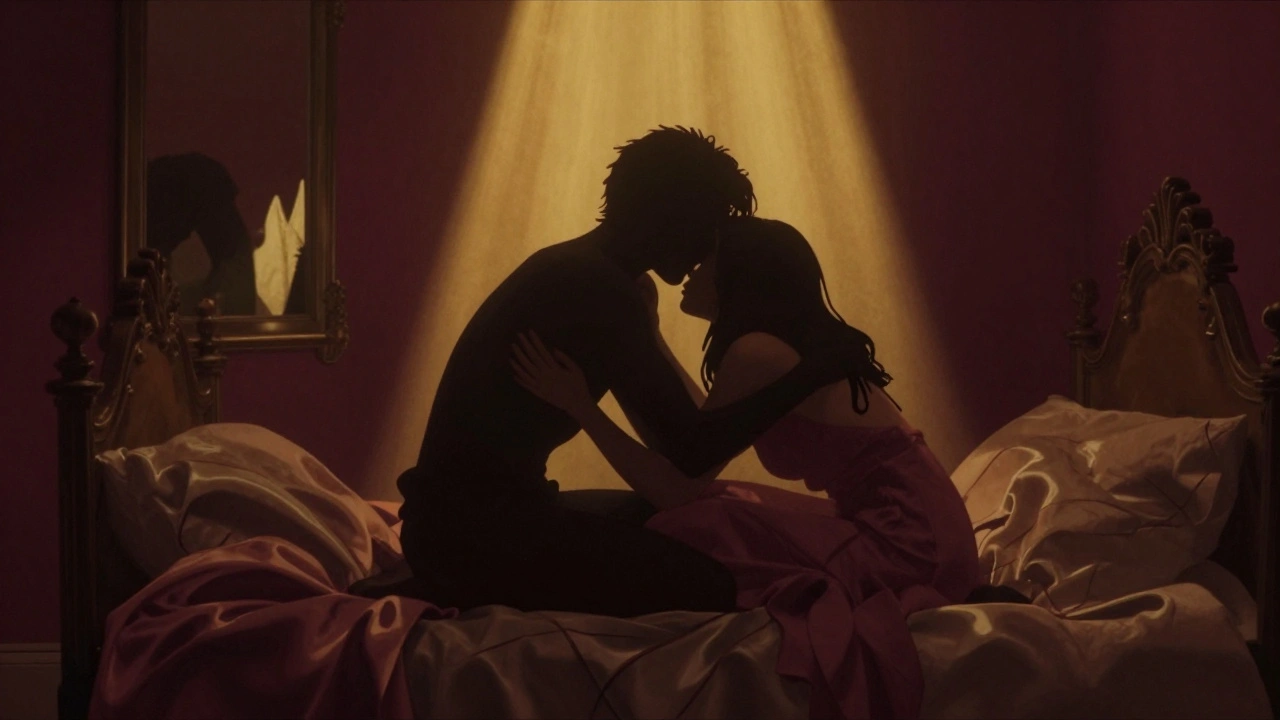 Twee silhouetten in een intieme omhelzing op een bed, verlicht door een enkele lichtstraal in een mysterieuze sfeer.