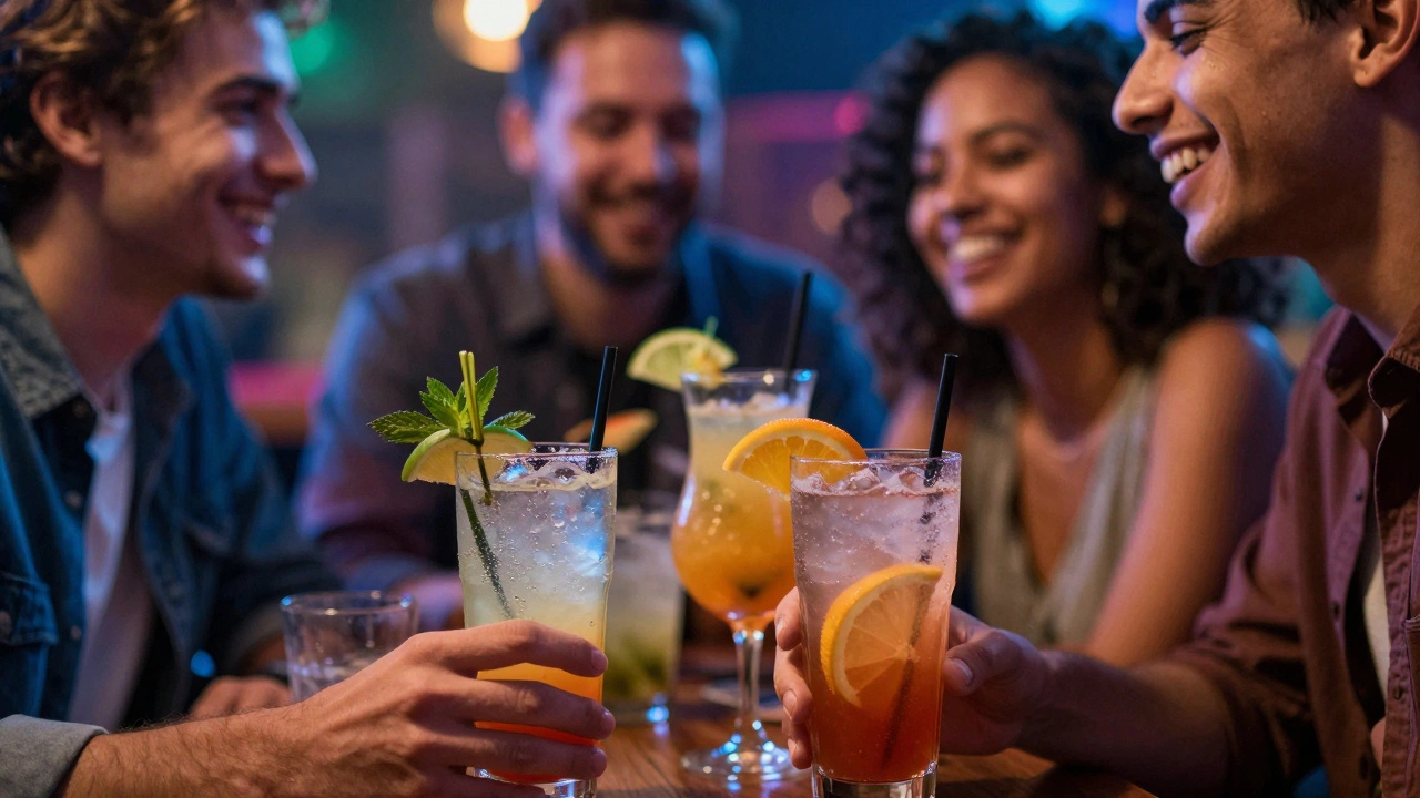 Vrienden die cocktails drinken in een club met onscherpe achtergrond.