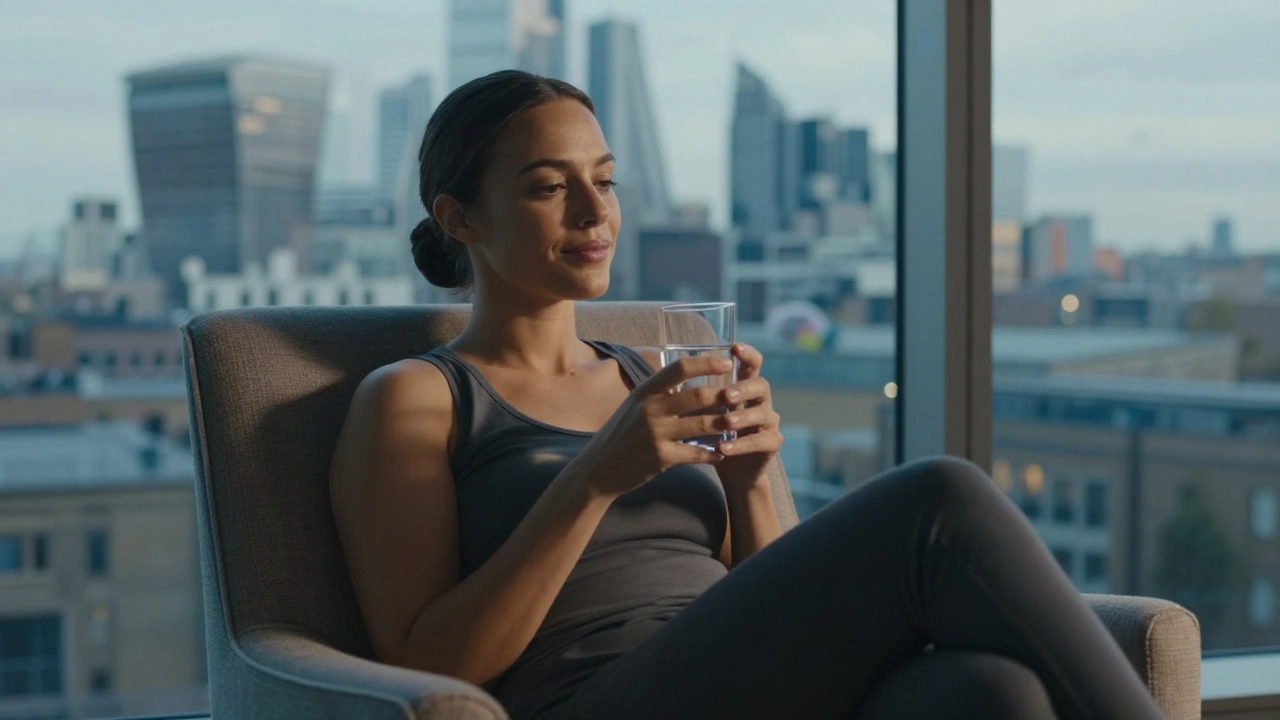Vrouw geniet van water na een behandeling met uitzicht op de stad.