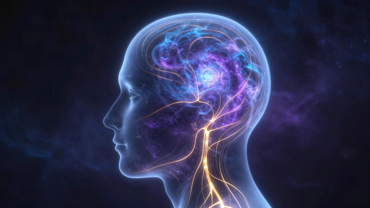 Zichtbare energielijnen binnen een abstract hoofdsilhouet.